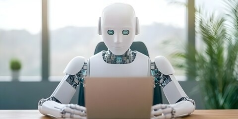 A humanoid robot with a sleek design is sitting at a desk, looking at a laptop in a modern, well-lit environment. Concept Humanoid Robot Design, Modern Workspace, AI Interaction