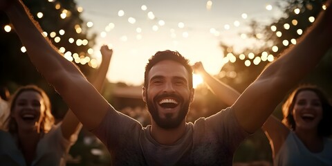 A group of people celebrating outdoors with fairy lights in the background, enjoying a joyful moment at sunset. Concept Outdoor Celebration, Fairy Lights Ambiance, Joyful Moments, Sunset Gathering