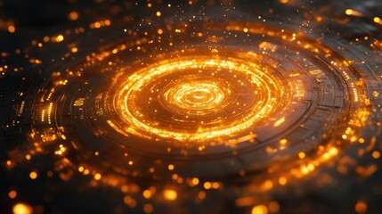 Circular glowing golden light with yellow and orange dots at center, set against dark black with digital data patterns, 3D fantasy sci-fi style, high-definition movie texture, macro lens perspective.