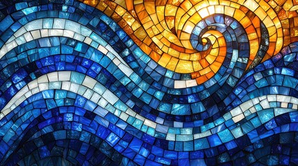Fototapeta premium Whimsical stainedglass mosaic in blue and yellow tones