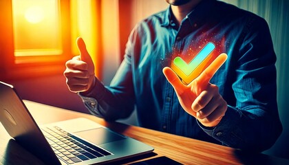 成功と承認の象徴：ポジティブなフィードバックを示すカラフルなチェックマークとグッドサイン