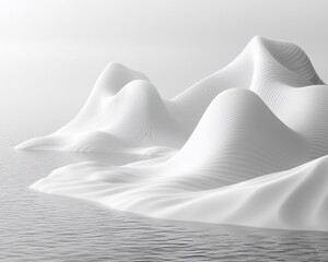 Obraz premium Abstract white landscape with smooth, undulating hills rising from calm water.