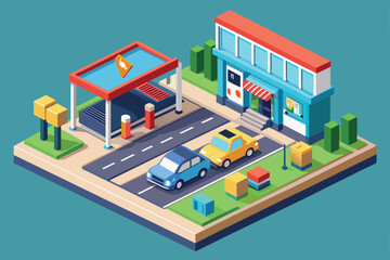 A bustling fuel station features cars refueling, surrounded by colorful buildings and well-defined pathways Fuel station Customizable Isometric Illustration