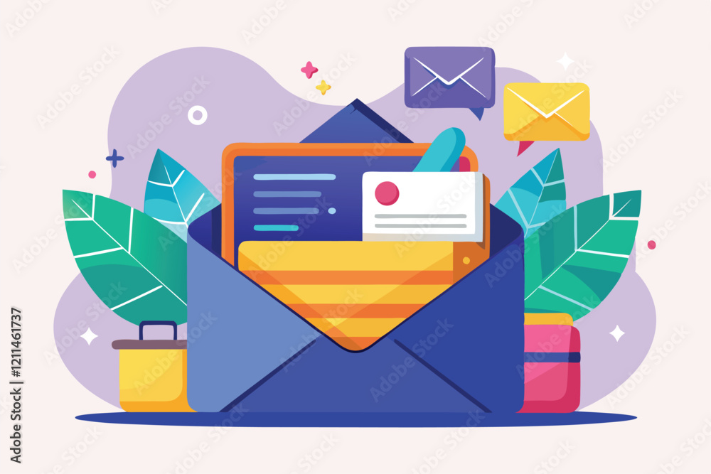 Poster a colorful inbox filled with customizable elements and notifications surrounded by plants full inbox