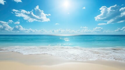 Sunny beach scene with turquoise water, white sand, and blue sky with fluffy clouds.