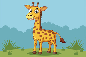 Fototapeta premium A giraffe smiles joyfully in a vibrant field with tall grass and a clear sky Funny cartoon of a giraffe