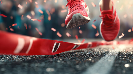 runner in red shoes crosses finish line, celebrating victory amidst colorful confetti