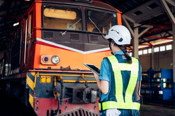 Portrait of professional engineer or technician worker woman with holding tablet working in train factory and she looking at camera.