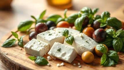 Feta with Olives and Basil on Cutting Board - Greek Cuisine, Gourmet Food Photography, High-Quality Image, Delicious Cheese, Fresh Produce, ,  Greek Food,  Cheese,  Olives