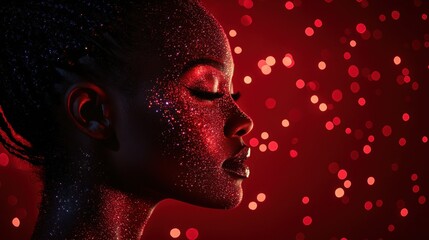 Sparkling Portrait of Woman with Shimmering Glitter Against Red Background