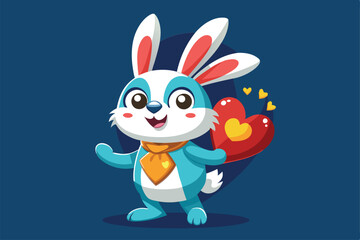 Obraz premium A cheerful rabbit proudly displays a heart, radiating happiness against a blue backdrop Funny rabbit holding a heart