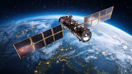 Fototapeta premium photorealistic image of satellite orbiting Earth, showcasing intricate details and vibrant colors