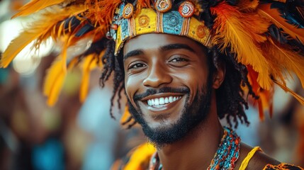Obraz premium Smiling man, carnival headdress, festival crowd, celebration