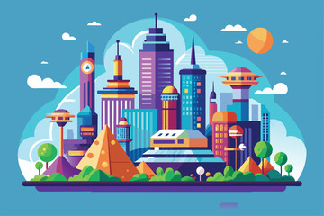 A futuristic city with unique buildings, lush greenery, and a clear sky filled with clouds and sunlight Future city Customizable Flat Illustration