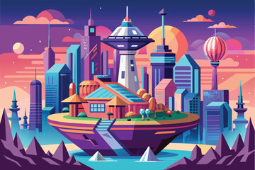 Explore a colorful future city with unique architecture, set against a vibrant sunset backdrop Future city Customizable Semi Flat Illustration