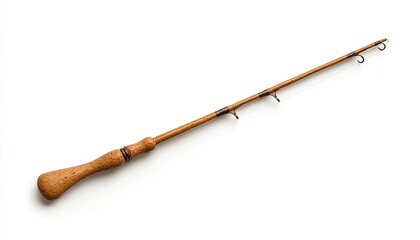 Vintage wooden fishing rod with metal guides, isolated on a white background, showcasing craftsmanship and utility