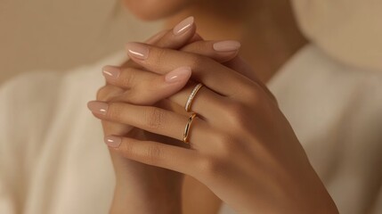 Close-up of elegant female hands with delicate gold rings, showcasing manicured nails and soft skin.