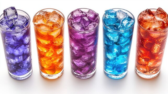 Colorful Drinks in Glasses with Ice Cubes on White Background