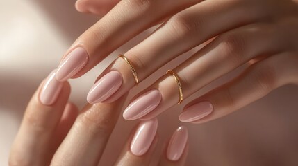 Fototapeta premium Close-up of elegant female hands with pink nails and gold rings, soft lighting.