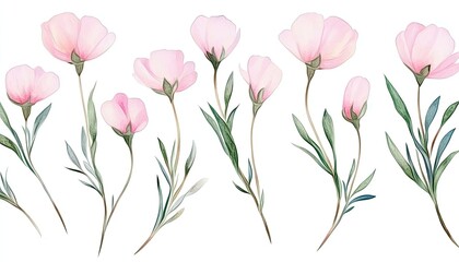A delicate arrangement of soft pink flowers with green leaves, set against a white background, ideal for invitations