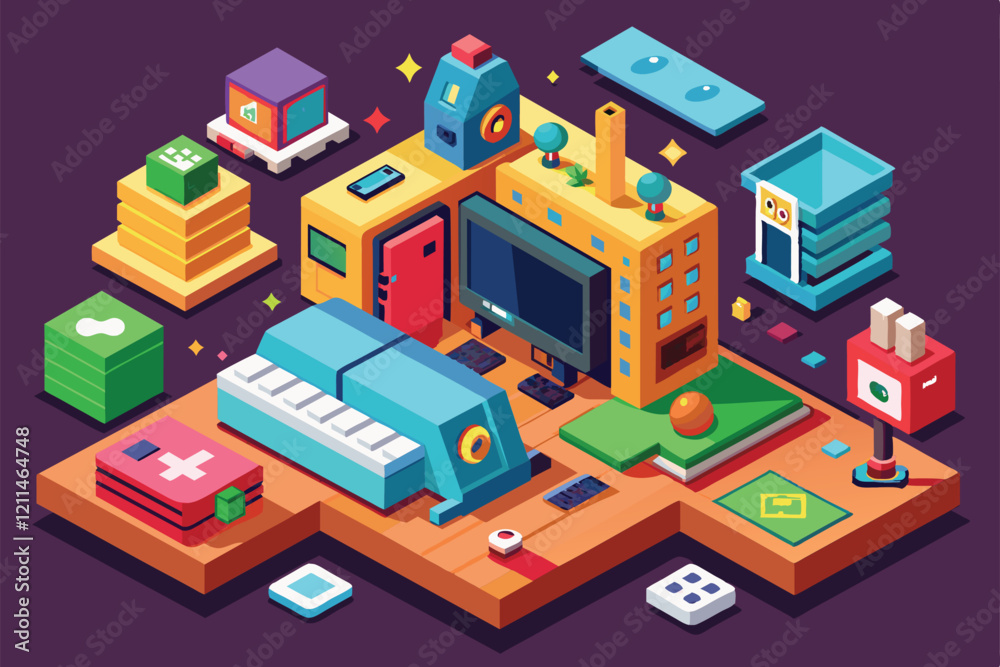 Poster a vibrant gaming space designed with customizable blocks and interactive features for endless gamepl