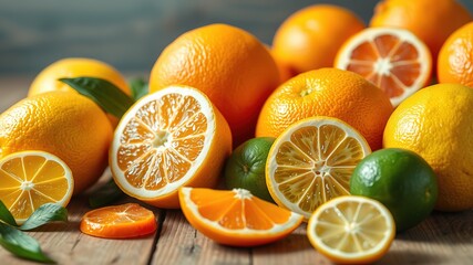 Fresh Citrus Fruits on Wooden Table - High-Quality AI Photography