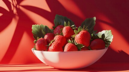 Fresh red strawberries in a white bowl, illuminated by sunlight casting a leaf shadow on a coral background.
