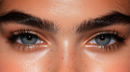 Obraz premium Close-Up of Female Face Featuring Striking Blue Eyes and Eyebrows
