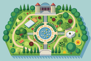 Fototapeta premium The landscaped garden features pathways, a pond, and various plants arranged harmoniously Garden or park building, Object for map, design project or plan,