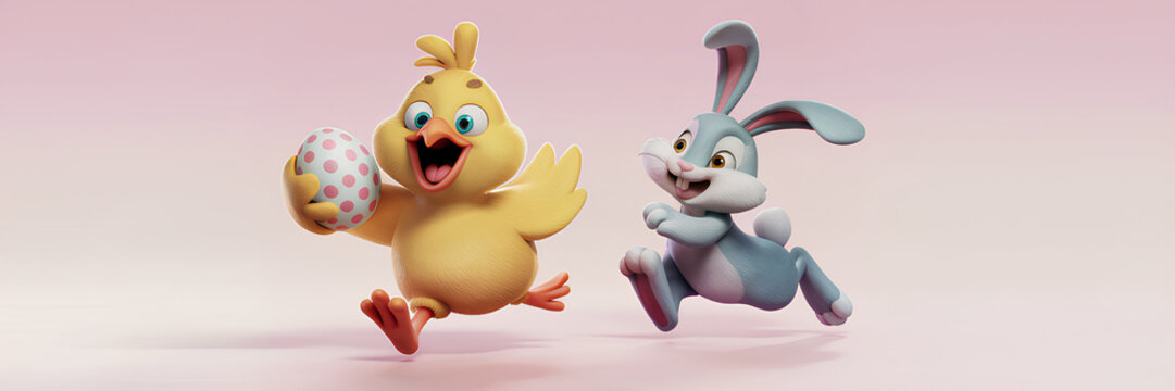 An easter rabbit runs behind a chick holding an egg, on a pink background with copy space