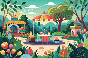 Guests enjoy a cheerful gathering in a beautifully landscaped garden filled with flowers and charming decor Garden party Customizable Semi Flat Illustration