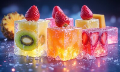 Colorful fruit ice cubes with strawberries