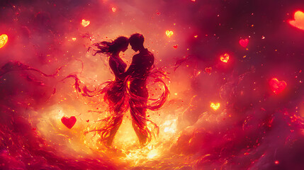 Romantic fantasy scene of a couple embracing in an ethereal glow. The background is filled with fiery colors, floating hearts, and sparks of magic, evoking deep love and passion. Valentines Day.