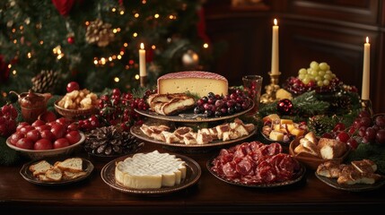 Naklejka premium Festive Holiday Table with Cheese, Meats, Fruits, and Decorations