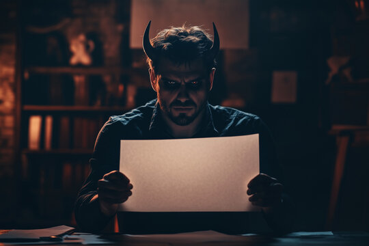Devil in a armchair holding an empty sheet of paper, contract. Deal with the devil concept background.