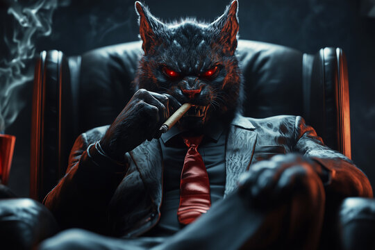 Fierce angry boss concept. Person with evil black cat head sitting in leather chair and smoking cigar..