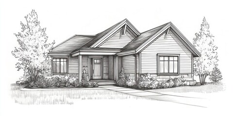 Architectural Sketch of a Ranch Style House with Landscaping