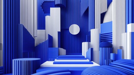 Obraz premium Abstract Blue and White Geometric Shapes in Modern Interior Design