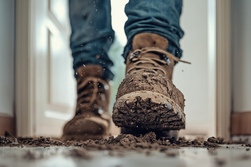Person in dirty boots standing at the entrance of an apartment room background, unexpected guests..