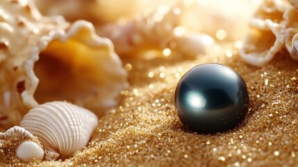 Dark pearl nestled in golden sand, seashells.