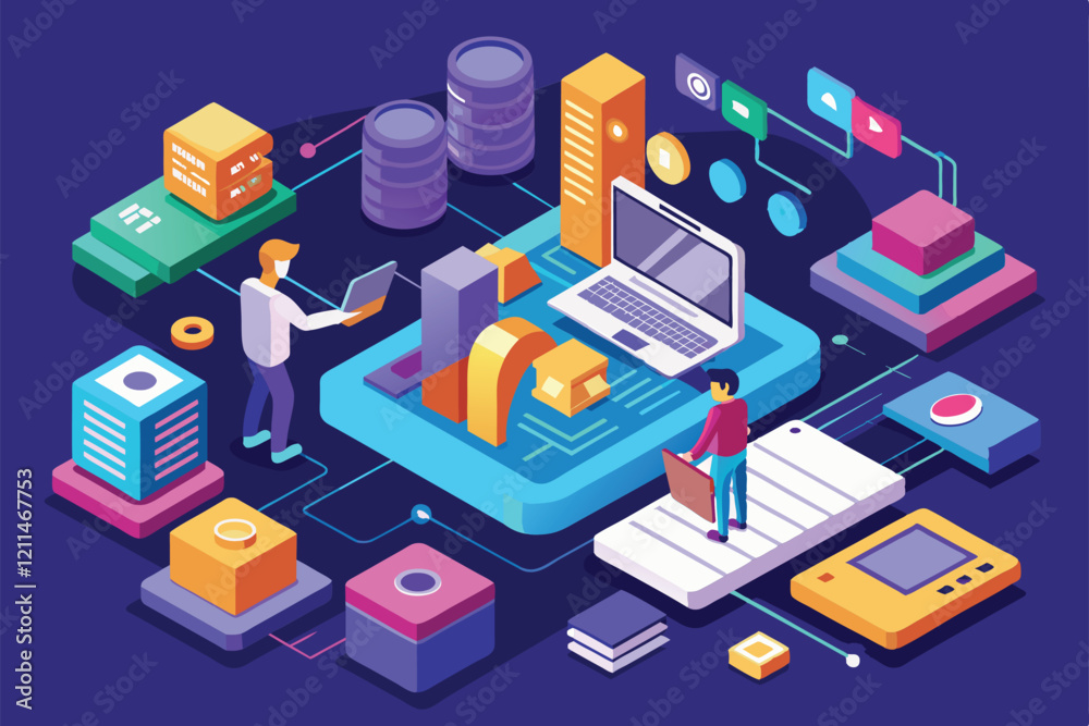 Poster two people engage with laptops and data elements in a colorful digital workspace get in touch custom