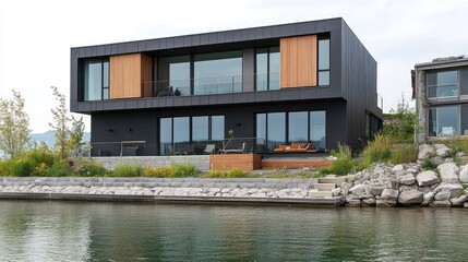 Fototapeta premium A modern riverside house built with eco-friendly materials and energy-efficient features.