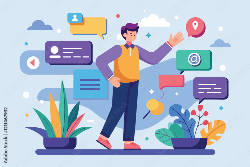 Poster a person waves to connect within a colorful digital environment filled with chat bubbles get in touc