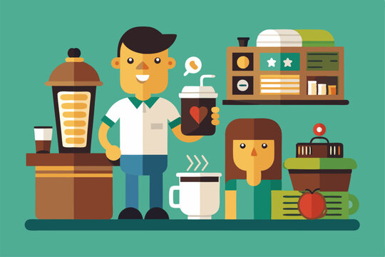 A barista proudly presents a customizable coffee drink while a customer watches eagerly Getting coffee Customizable Disproportionate Illustration