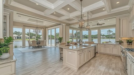 Fototapeta premium Luxury Kitchen with Lake View: Open Concept Design, Granite Countertops, and Breathtaking Scenery