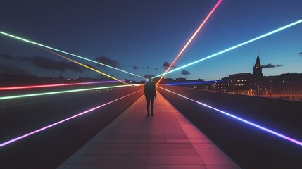 Surreal composition of a person standing on an empty urban bridge illuminated by beams of colored light.