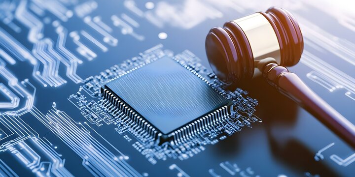A computer chip placed on a circuit board next to a gavel, symbolizing the intersection of technology and law. Concept Technology in Law, Legal Tech Innovations, Circuit Boards in Legislation