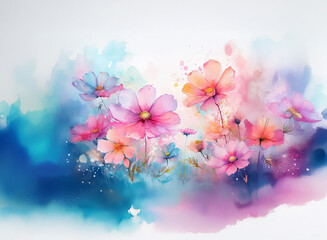 Delicate watercolor cosmos flowers in soft pink and peach hues bloom against a vibrant blue and purple watercolor background.  The artwork features subtle splashes and a dreamy, ethereal feel.