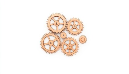 A collection of intricately designed wooden gears arranged artistically on a clean white background