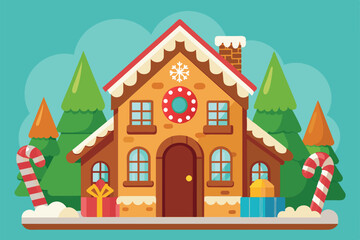 A cozy gingerbread house adorned with candy and snow, nestled among green trees in a winter landscape Gingerbread house Customizable Flat Illustration